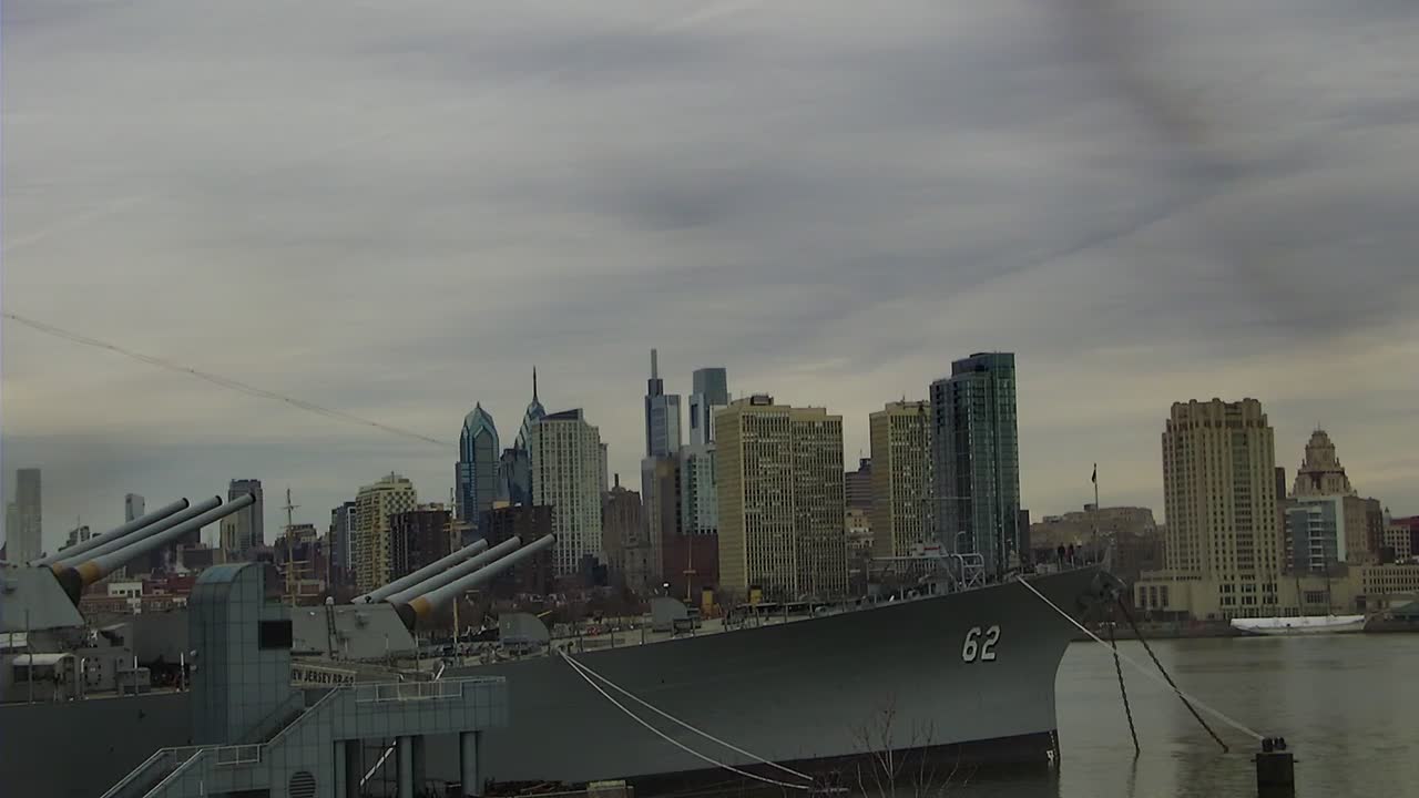 Battleship New Jersey Closeup of Bow and Philly Skyline