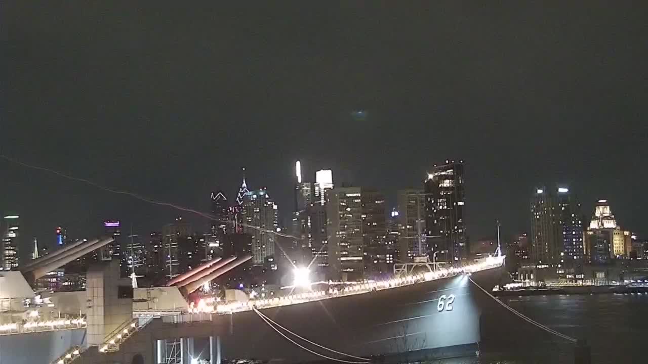 Battleship New Jersey Closeup of Bow and Philly Skyline