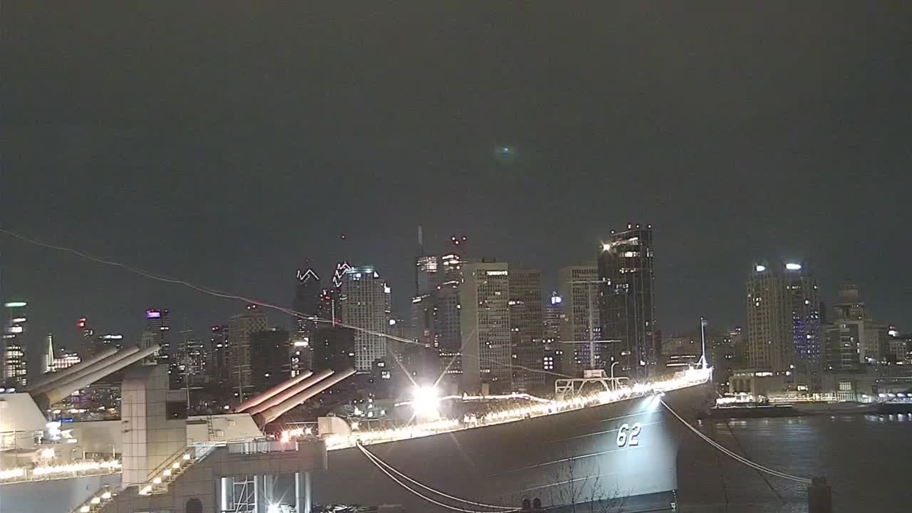 Battleship New Jersey Closeup of Bow and Philly Skyline