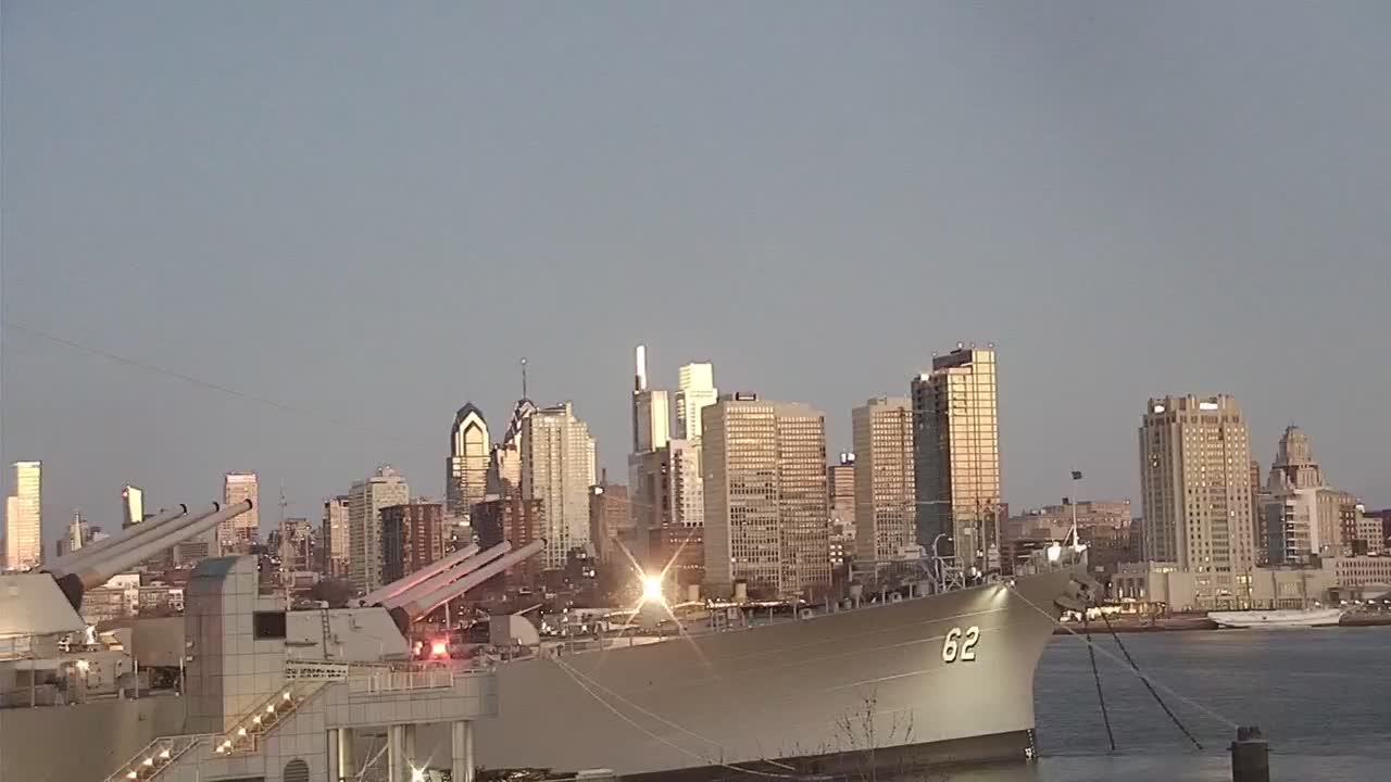 Battleship New Jersey Closeup of Bow and Philly Skyline