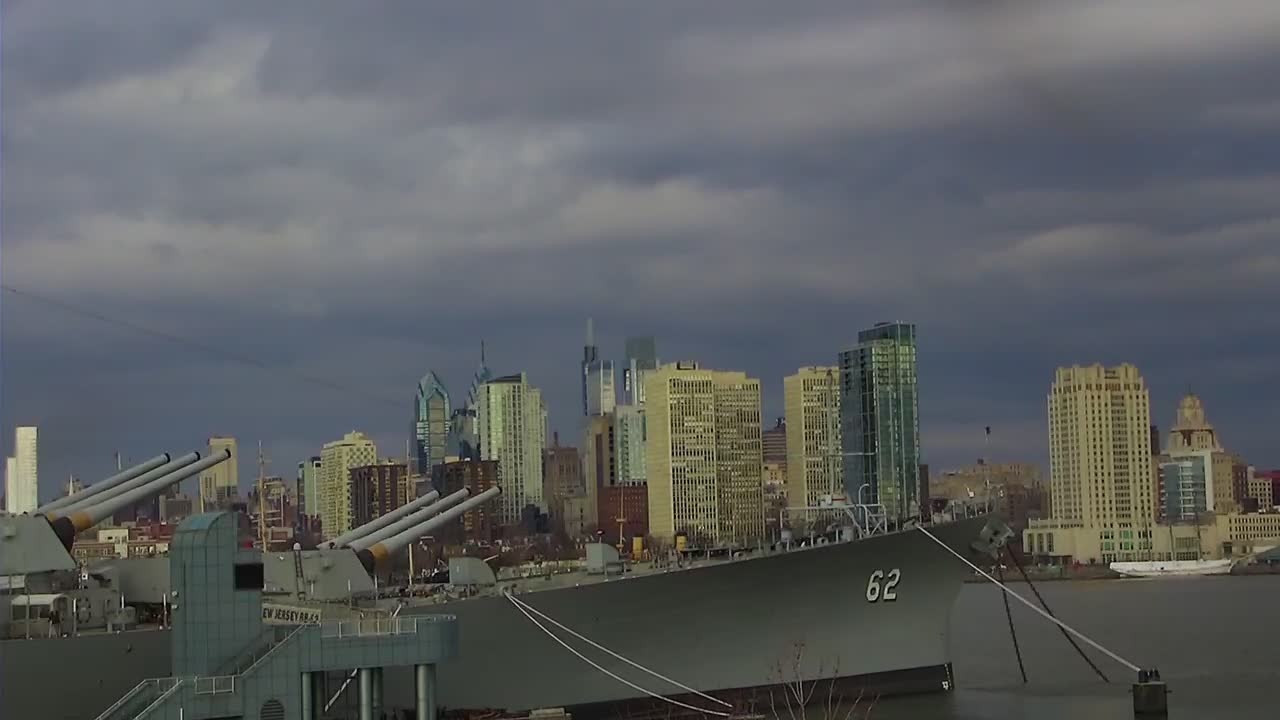 Battleship New Jersey Closeup of Bow and Philly Skyline